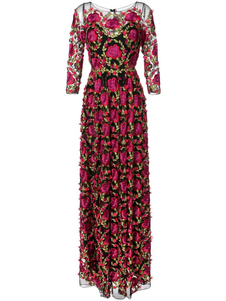 Marchesa Notte - Floral Embroidered Gown - Women - Nylon/polyester - 4, Pink/purple, Nylon/polyester