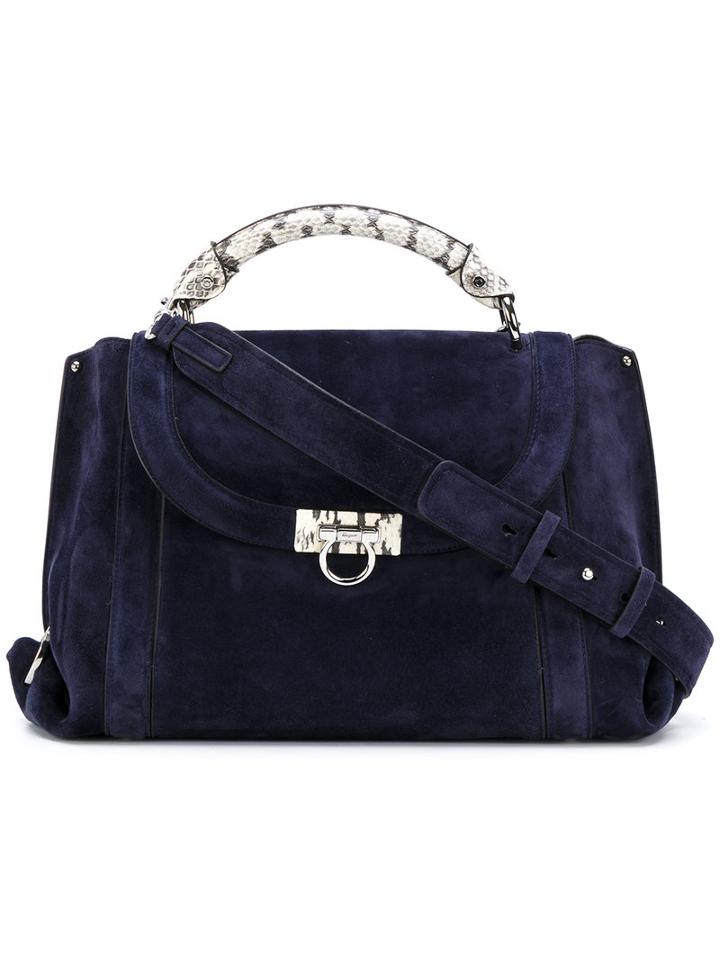 Salvatore Ferragamo - Snakeskin Effect Top Handle Tote - Women - Calf Suede - One Size, Blue, Calf Suede