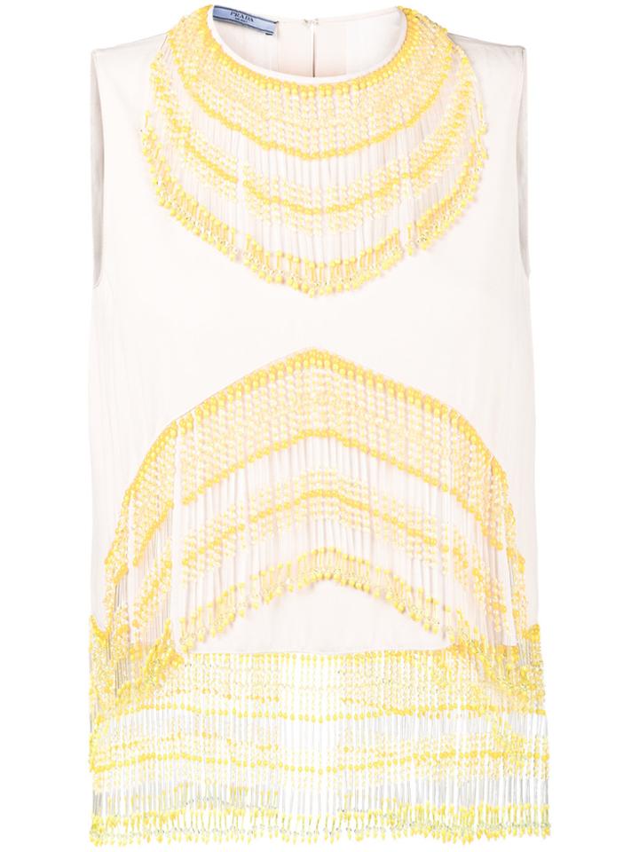 Prada Sleeveless Beaded Fringe Top - Nude & Neutrals