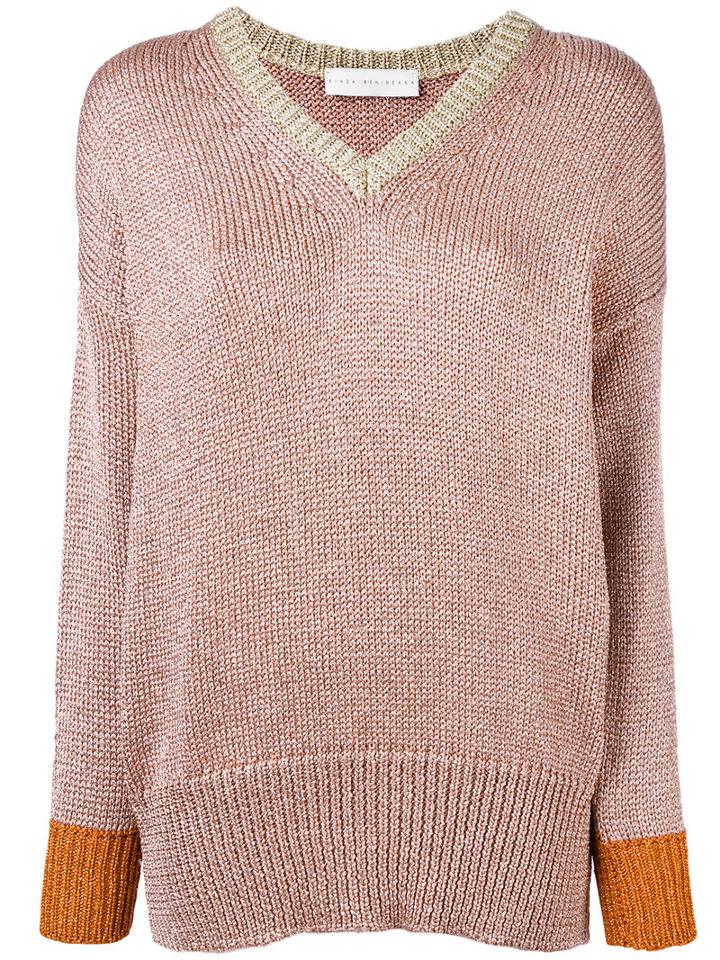 Giada Benincasa - Lurex V-neck Sweater - Women - Polyester/viscose - S, Pink/purple, Polyester/viscose