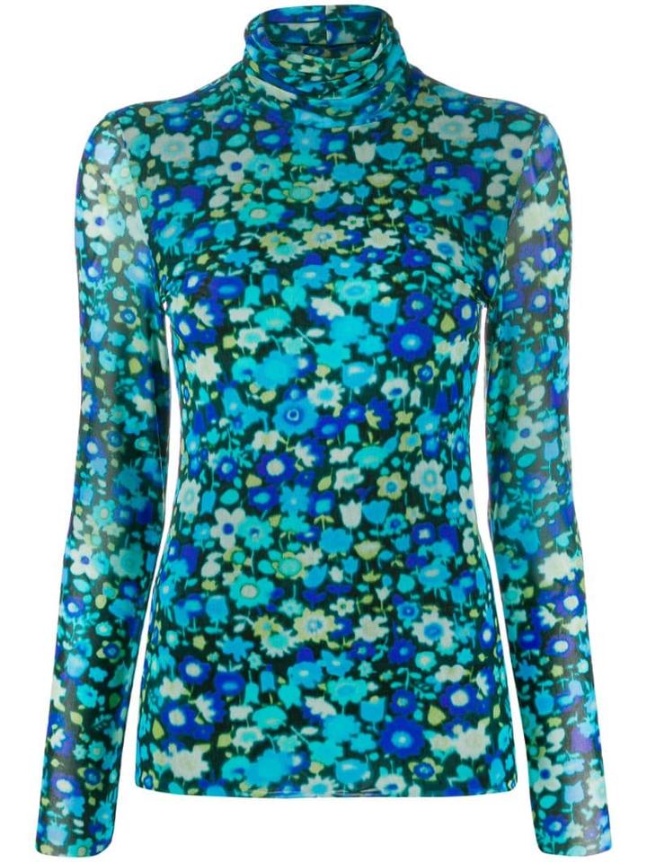 Ganni Floral-print Mesh Top - Blue
