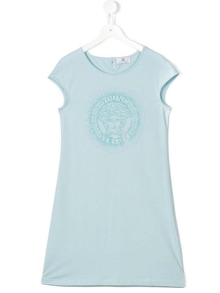 Young Versace - Rhinestone Medusa Dress - Kids - Cotton/spandex/elastane - 14 Yrs, Girl's, Blue