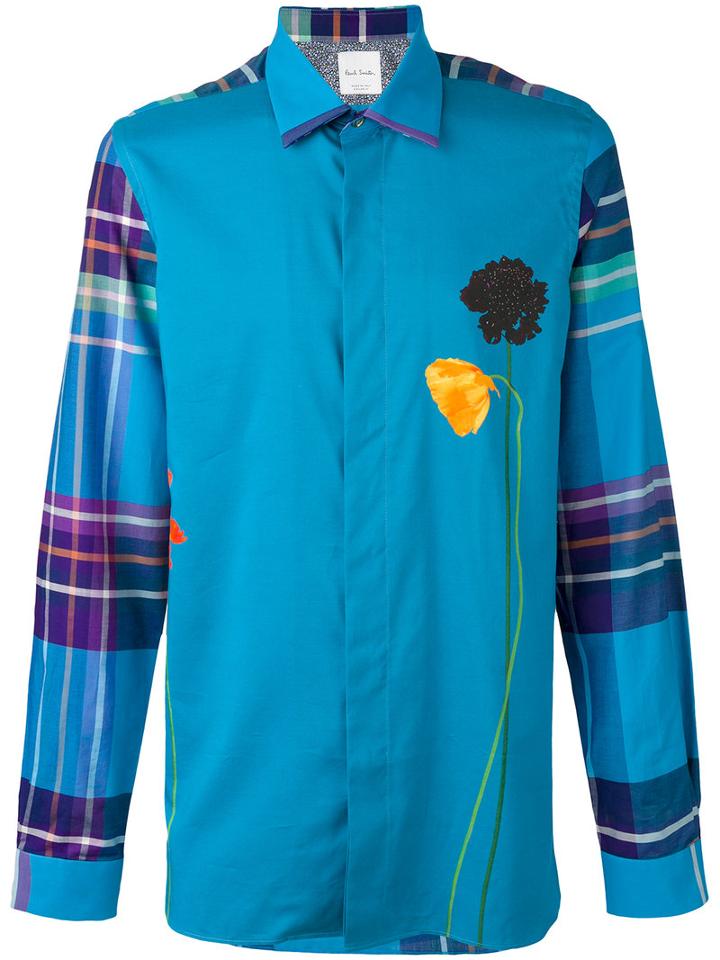 Paul Smith - Check Sleeve Flower Print Shirt - Men - Cotton/modal/cashmere - L, Blue, Cotton/modal/cashmere