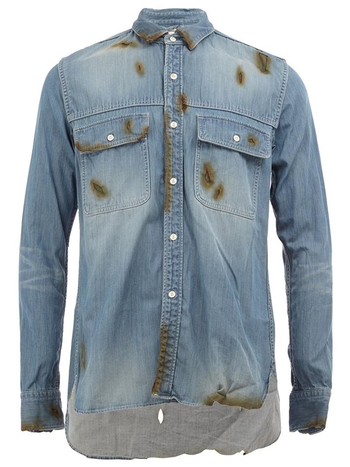 Maison Mihara Yasuhiro Burn Effect Denim Shirt, Men's, Size: 52, Blue, Cotton