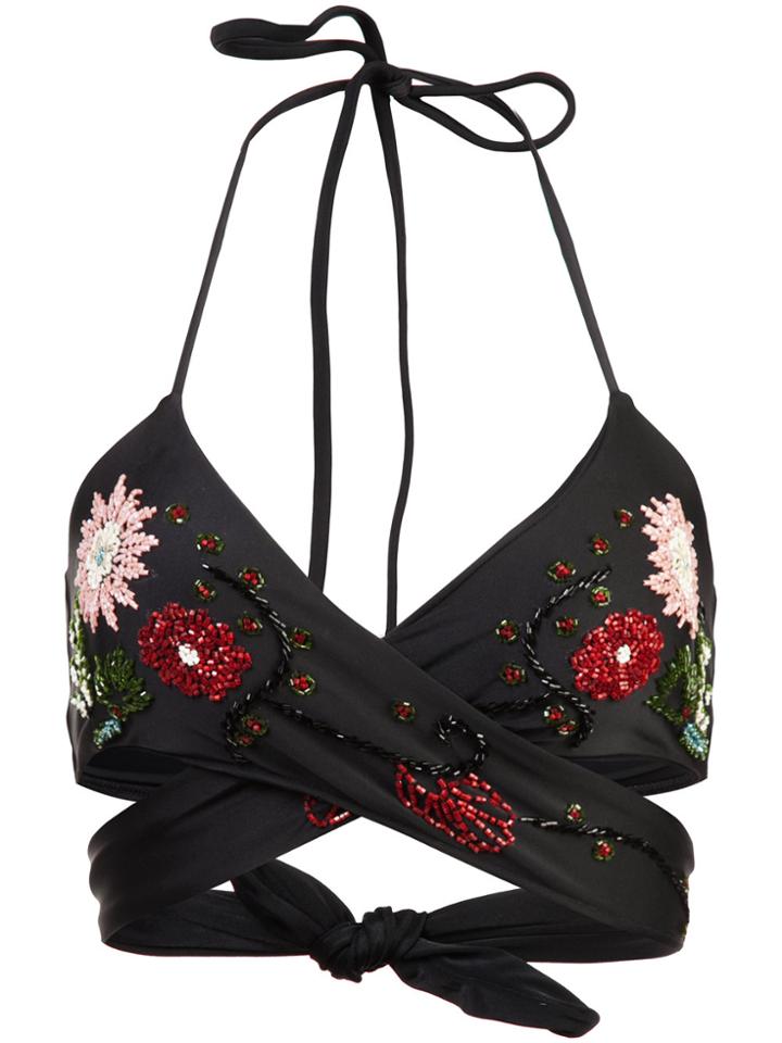 Patbo Hand Beaded Wrap-front Bikini Top - Black