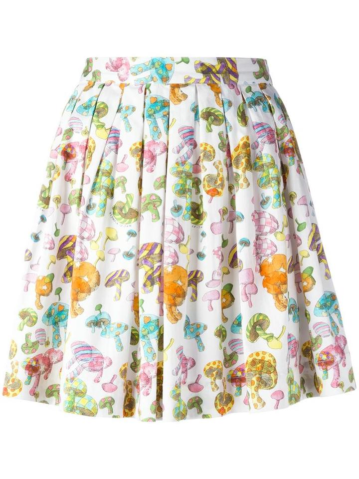 Olympia Le-tan Pleated Mushroom Print Skirt, Women's, Size: 38, White, Cotton