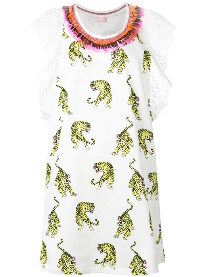 Giamba Tiger Print Dress, Women's, Size: 42, White, Cotton/spandex/elastane
