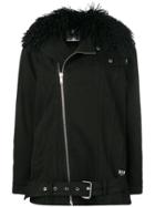 Msgm Denim Jacket With Removeable Fur Collar - Black