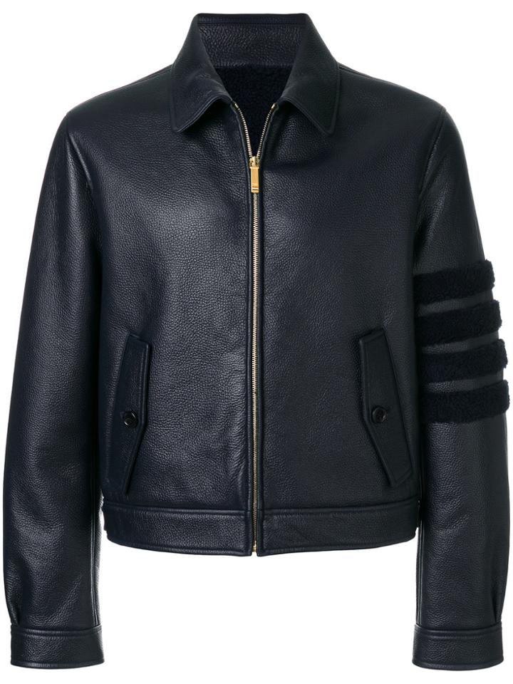 Thom Browne Shearling Striped Sleeve Leather Jacket - Blue