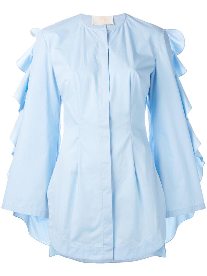 Sara Battaglia - Ruffle Sleeved Shirt - Women - Cotton - 44, Blue, Cotton