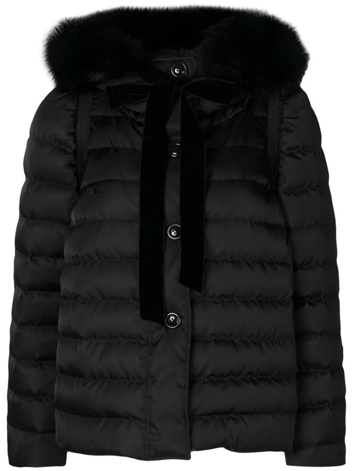 Miu Miu Fox Fur Trim Puffer Jacket - Black