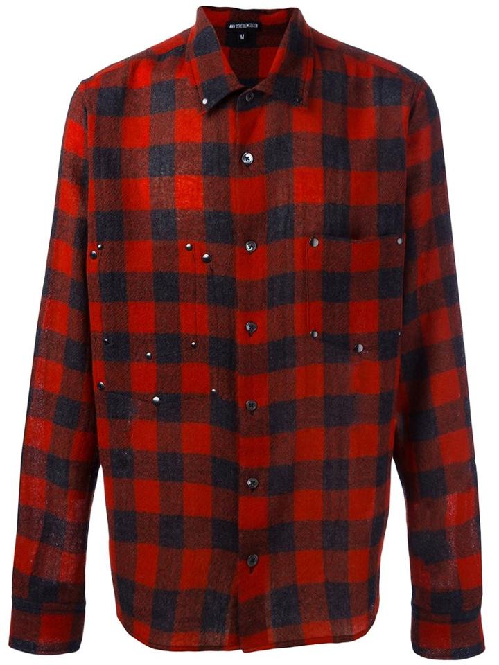 Ann Demeulemeester Plaid Button Down Shirt, Men's, Size: Large, Black, Wool