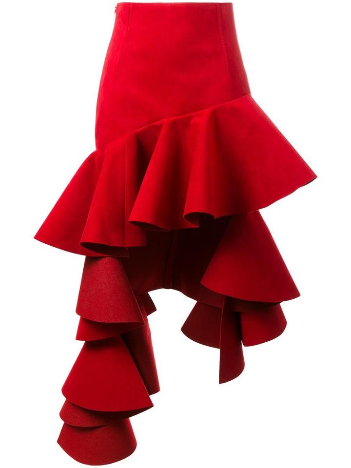 Jacquemus Ruffled High Low Skirt, Women's, Size: 36, Red, Polyester/polyurethane