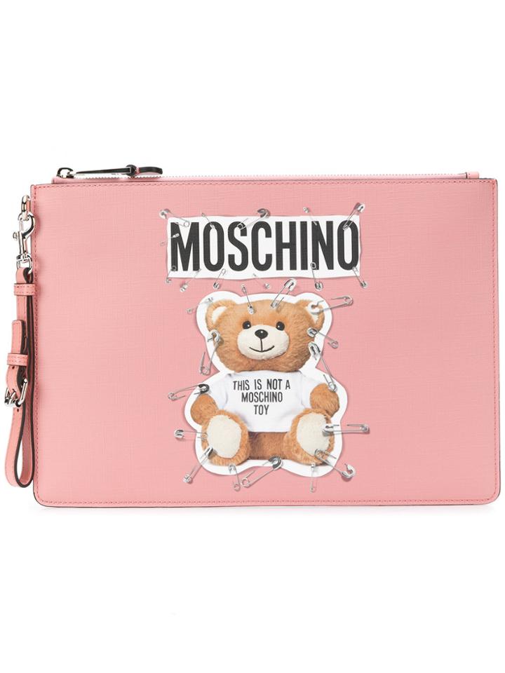 Moschino Large Teddy Bear Print Clutch - Pink & Purple
