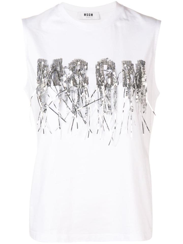 Msgm Sequin Tassel Logo Top - White
