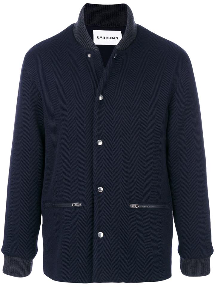 Umit Benan Knit Collar Herringbone Bomber Jacket - Blue