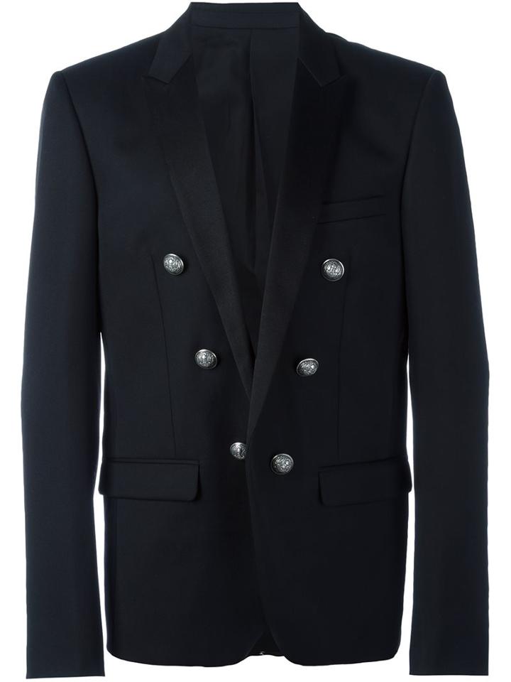 Balmain Double Breasted Blazer, Men's, Size: 50, Black, Silk/cotton/wool