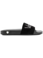 Versace Rhinestone Logo Slide Sandals - Black