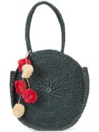 Kayu Weaved Round Tote Bag With Pom-poms - Blue