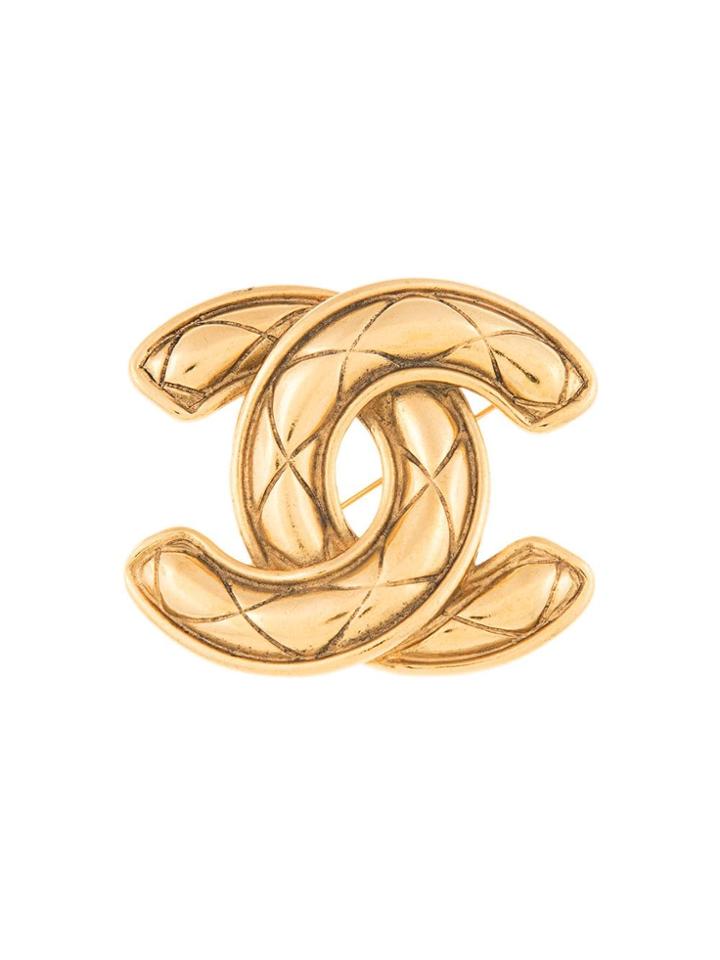 Chanel Vintage Quilted Cc Brooch - Metallic
