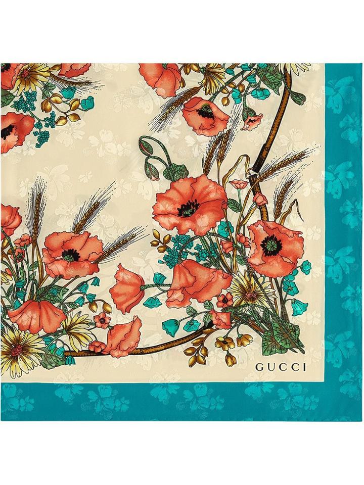 Gucci Silk Carré With Poppy Print - Neutrals