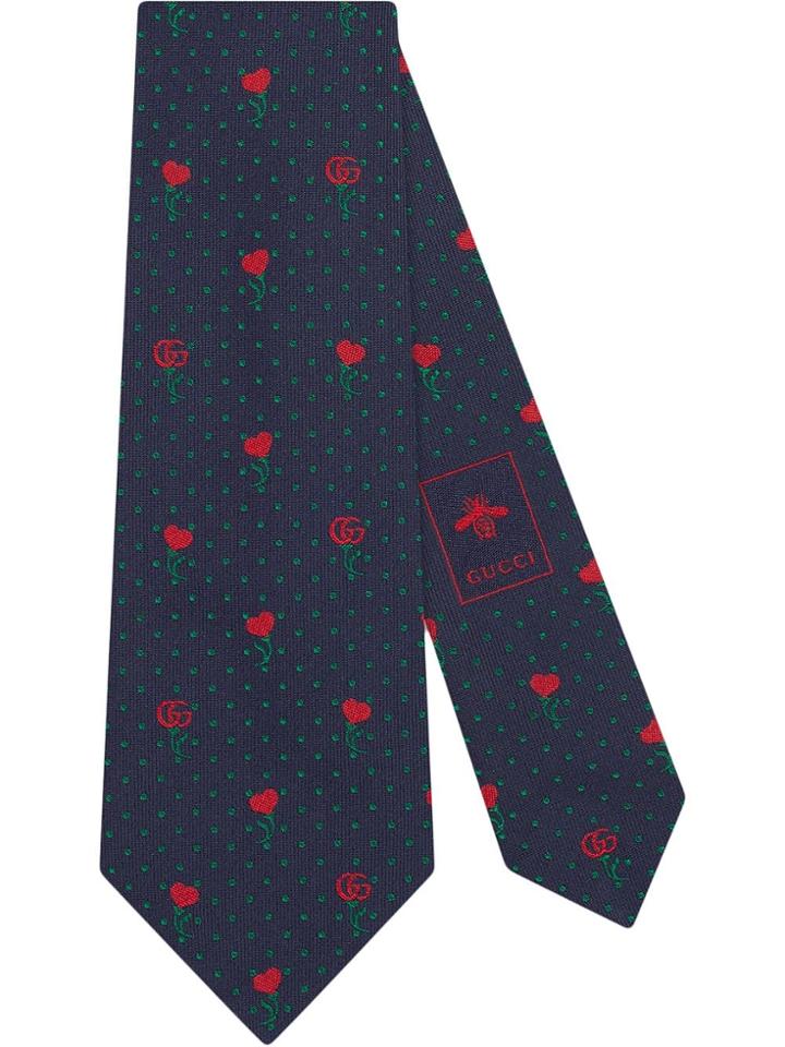Gucci Double G Silk Tie With Hearts And Flowers - Blue