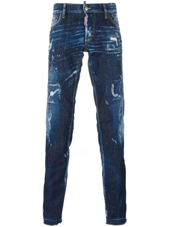 Dsquared2 Slim Bleached Effect Jeans, Men's, Size: 46, Blue, Cotton/spandex/elastane/calf Leather