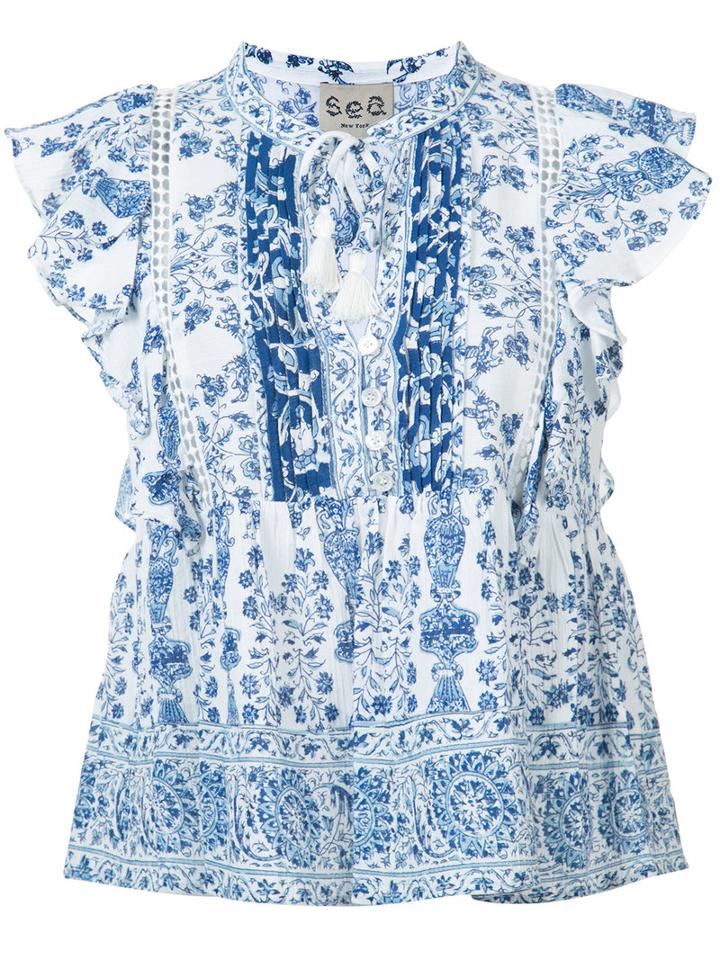 Sea Sleeveless Ruffled Tank, Women's, Size: 6, Blue, Cotton