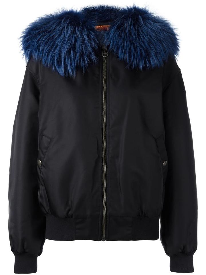 Mr & Mrs Italy - Fur Collar Bomber Jacket - Women - Polyamide/polyester/polyurethane/racoon Fur - S, Blue, Polyamide/polyester/polyurethane/racoon Fur