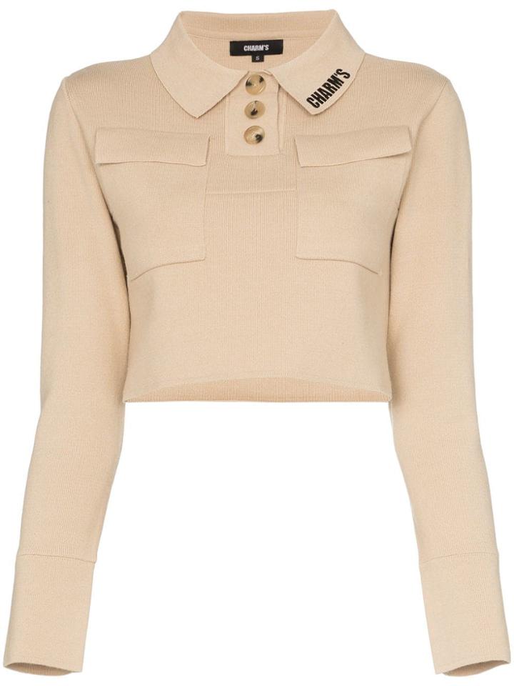 Charm's Logo Print Cropped Polo Top - Neutrals
