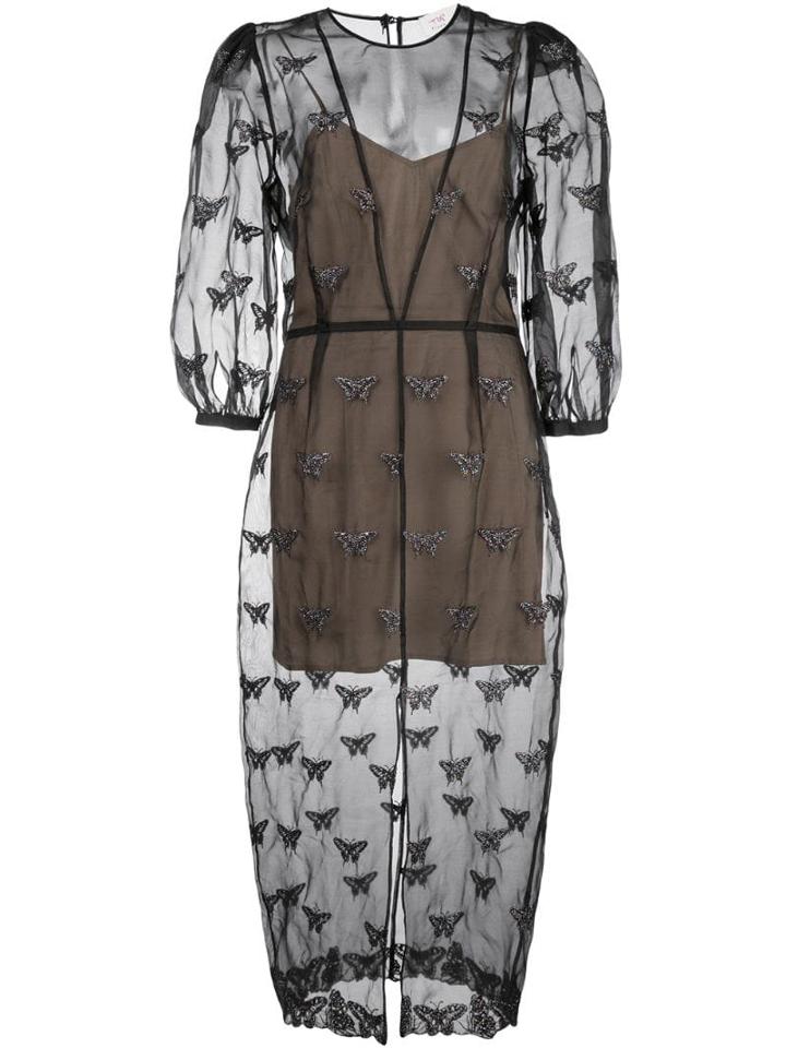 Fleur Du Mal Embroidered Butterfly Midi Dress - Black
