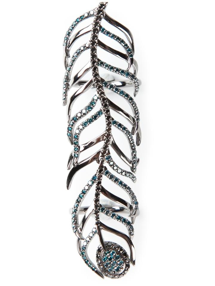Nikos Koulis Long Peacock Feather Ring - Black