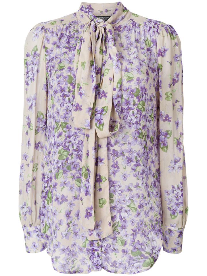 Twin-set Floral Print Pussybow Blouse - Nude & Neutrals