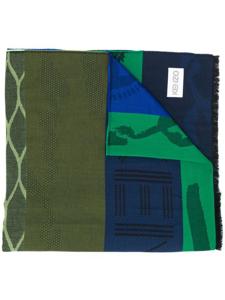 Kenzo Panelled Tiger Motif Scarf - Blue
