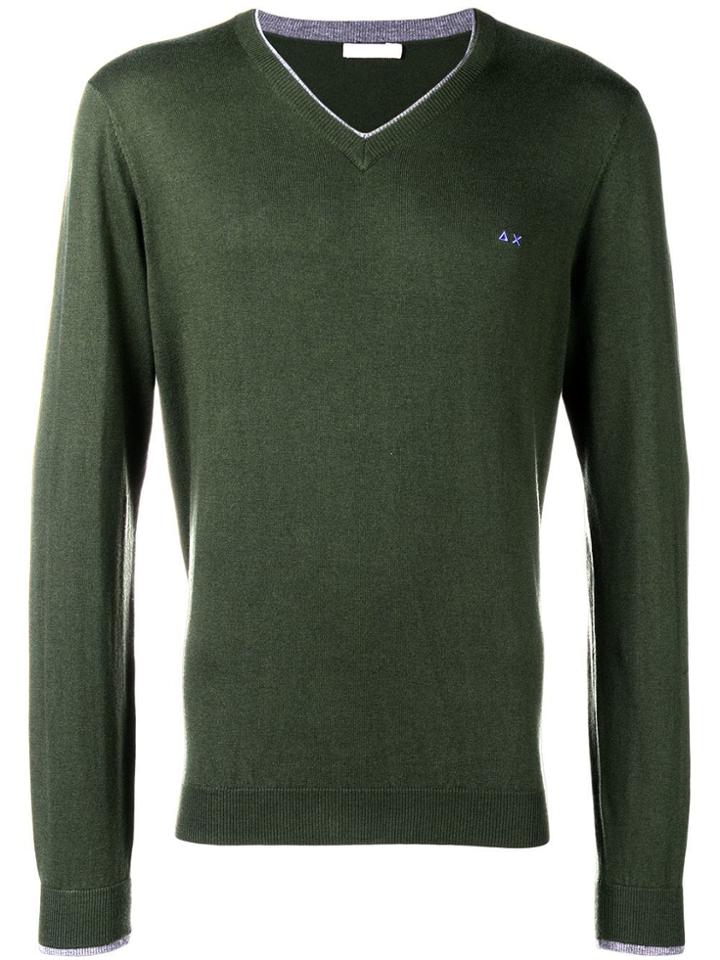 Sun 68 Slim-fit Logo V-neck Sweater - Green