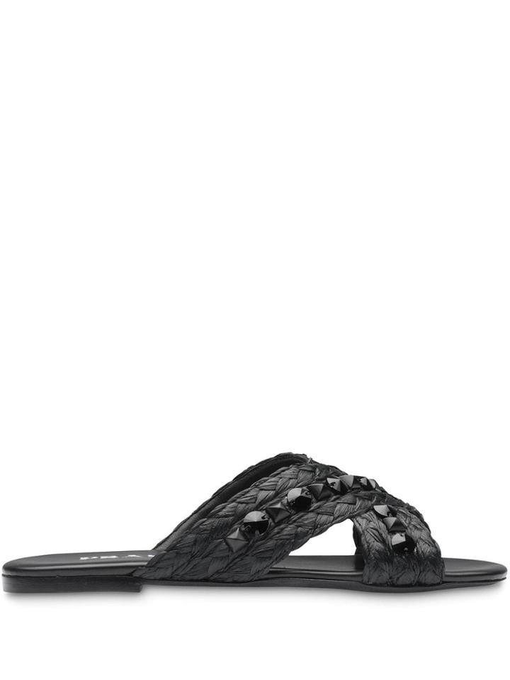 Prada Embellished Raffia Slides - Black