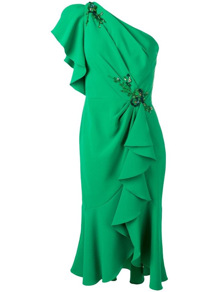 Marchesa Notte One Shoulder Ruffled Dress - Green