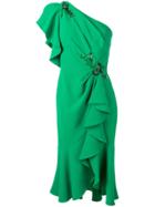 Marchesa Notte One Shoulder Ruffled Dress - Green
