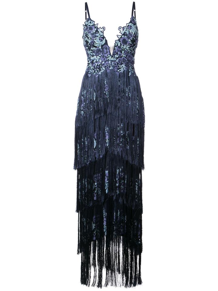 Marchesa Notte Embroidered Fringe Dress - Blue