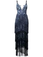 Marchesa Notte Embroidered Fringe Dress - Blue