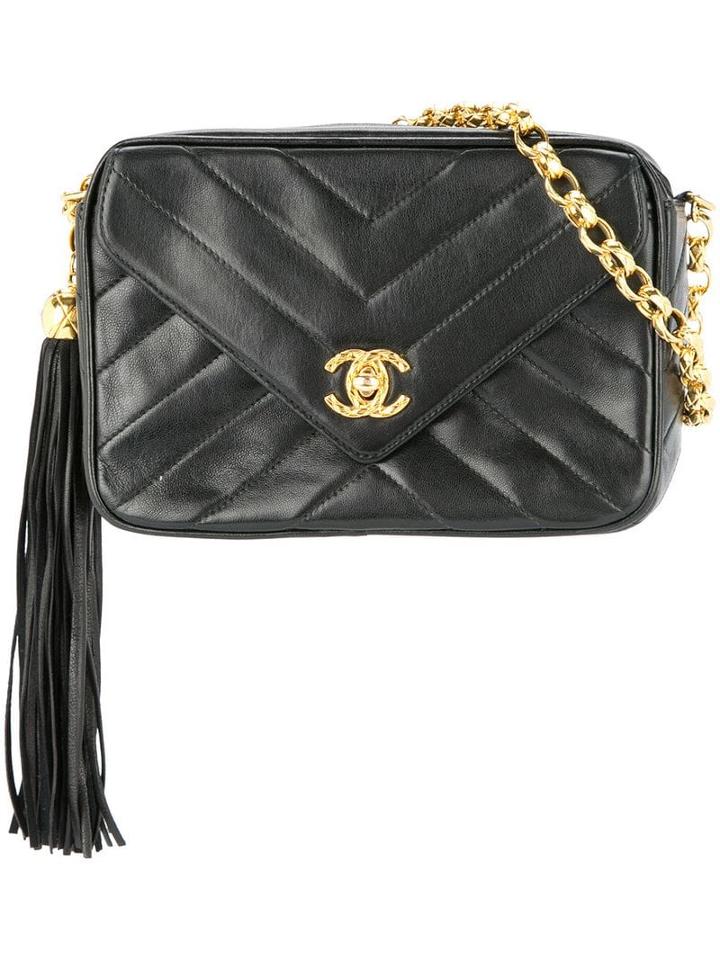 Chanel Pre-owned V Stitch Fringe Cc Single Chain Shoulder Bag - Black