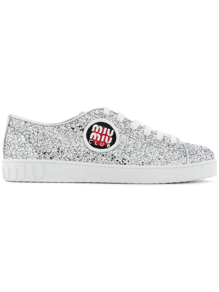 Miu Miu Patch Embroidered Glittered Sneakers - Grey