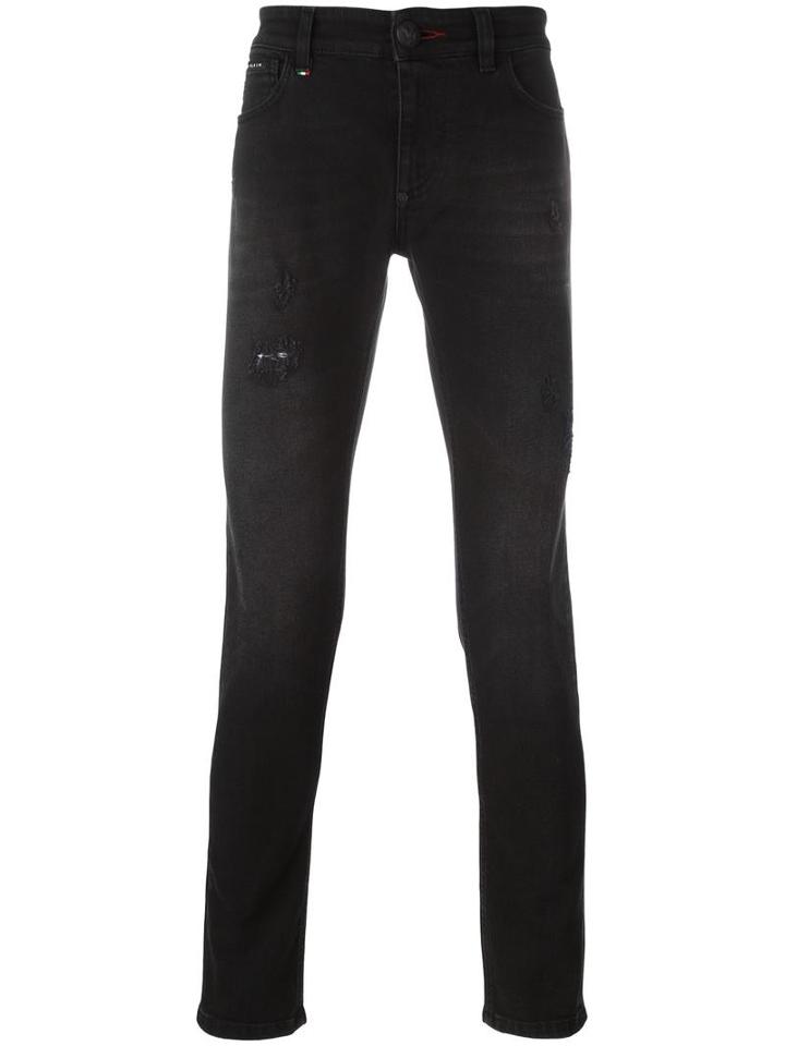 Philipp Plein Distressed Skinny Jeans, Men's, Size: 36, Black, Cotton/spandex/elastane/polyester