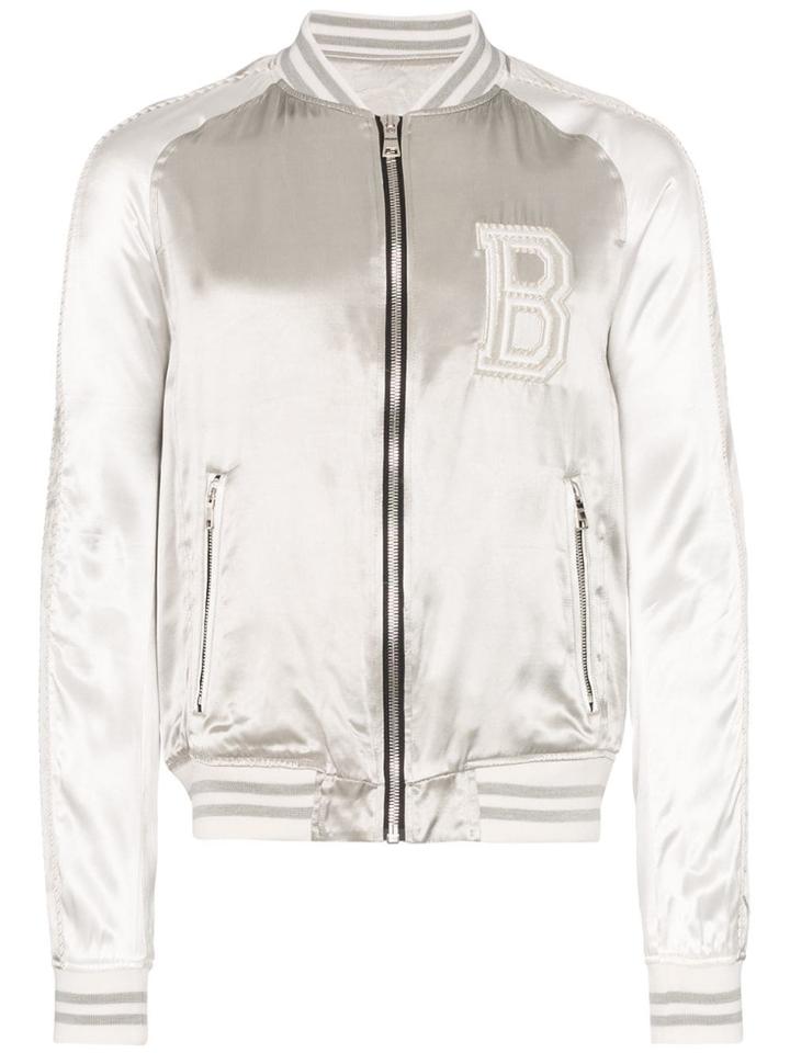 Balmain Logo Embroidered Bomber Jacket - Silver