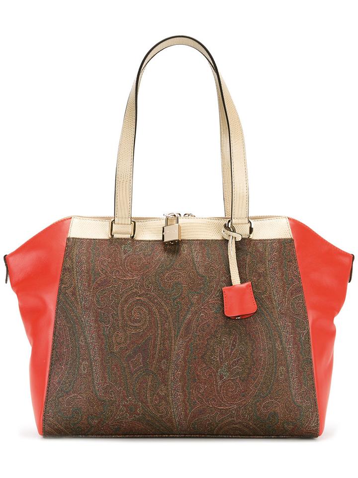 Etro Printed Double Handles Tote, Women's, Yellow/orange, Cotton/calf Leather/polyester/pvc
