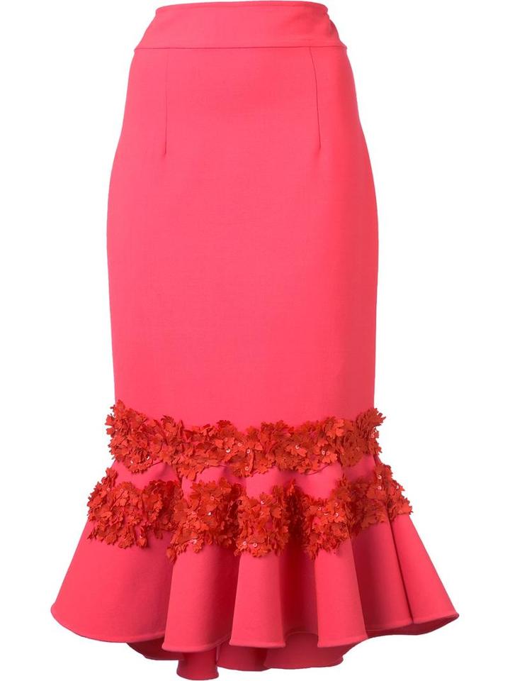 Carolina Herrera Floral Embroidered Ruffle Skirt, Women's, Size: 0, Red, Virgin Wool