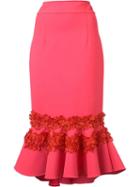 Carolina Herrera Floral Embroidered Ruffle Skirt, Women's, Size: 0, Red, Virgin Wool