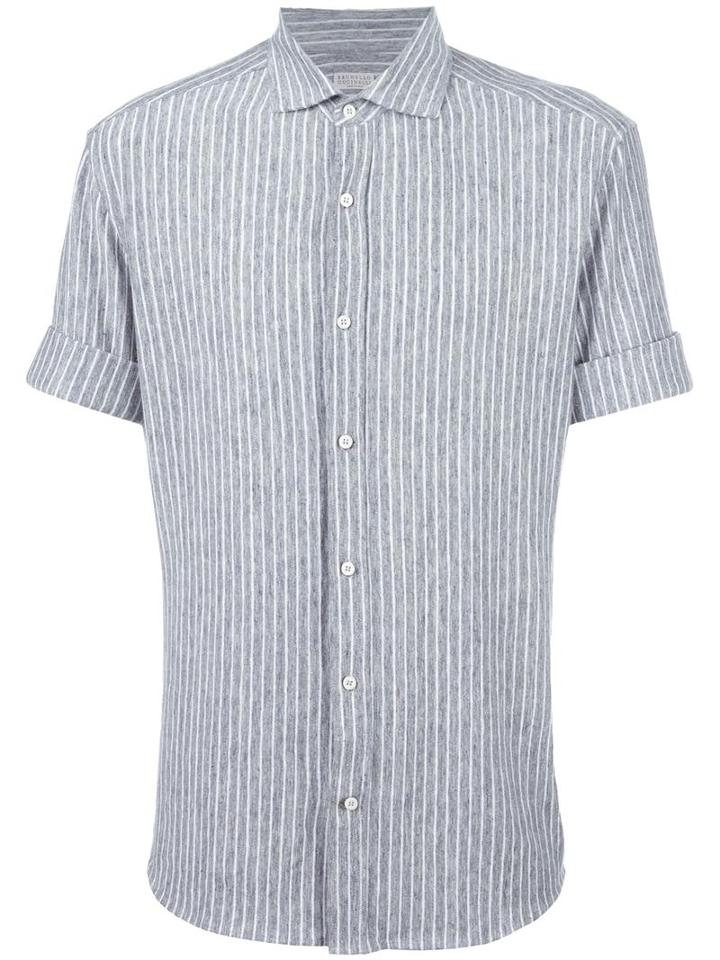 Brunello Cucinelli Striped Shortsleeved Shirt, Men's, Size: Small, Grey, Linen/flax/spandex/elastane