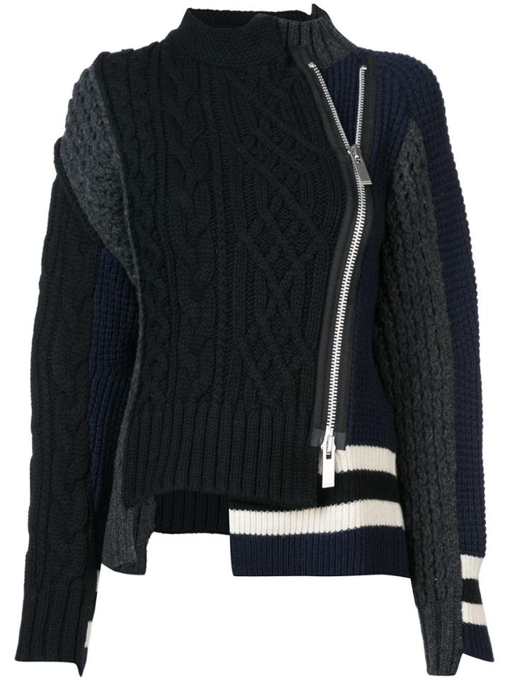 Sacai Zip-up Patch Knit Sweater - Black