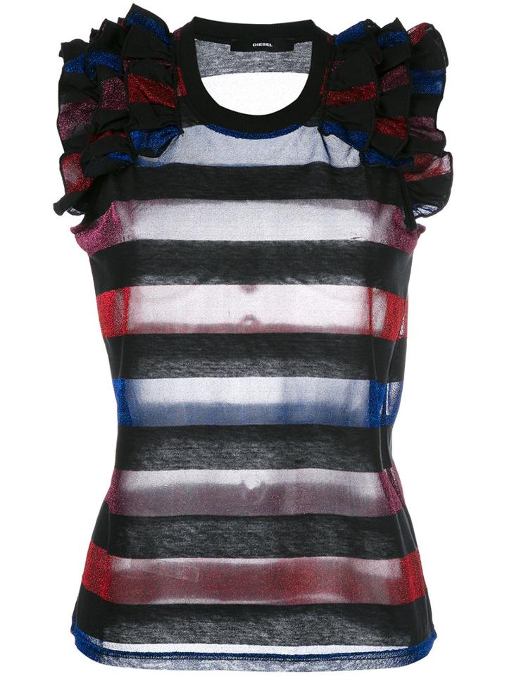 Diesel Ruffled Trim Striped Top, Women's, Size: Small, Black, Cotton/polyester